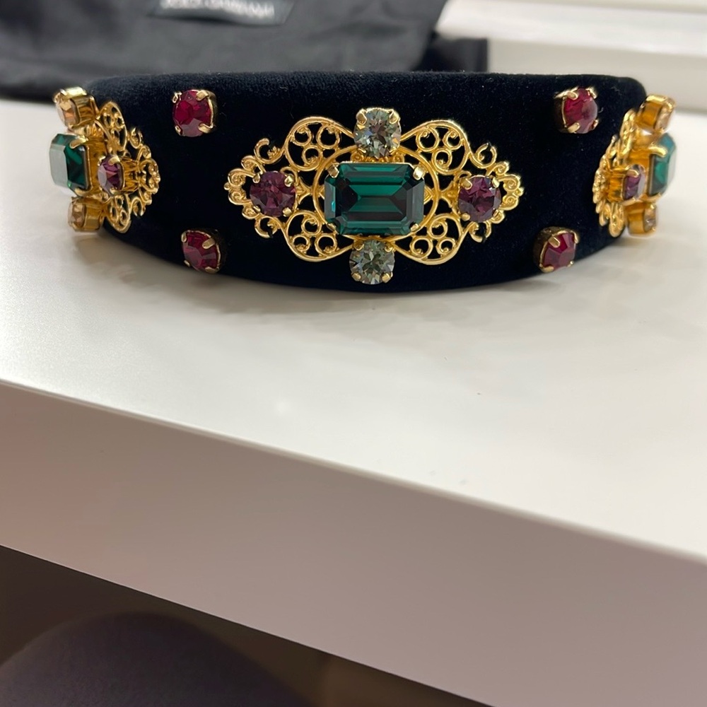 Dolce & Gabbana Black Headband with Gold and Jewel Accents